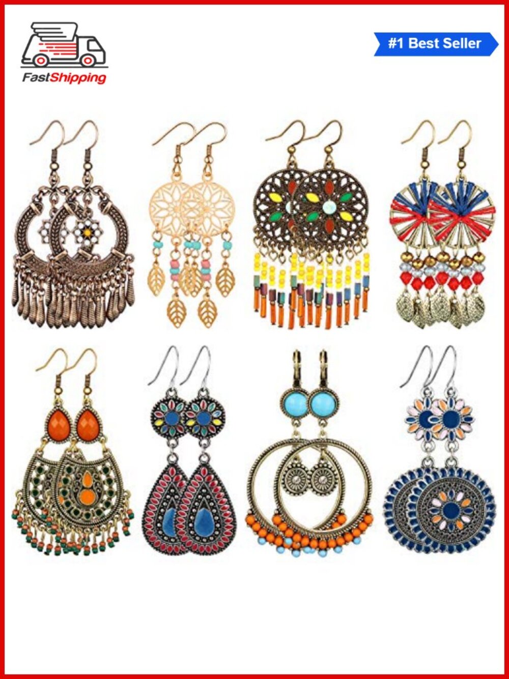 ✨ Boho Vintage Drop Dangle Earrings Set - 8 Pairs Bronze Metal Handmade French